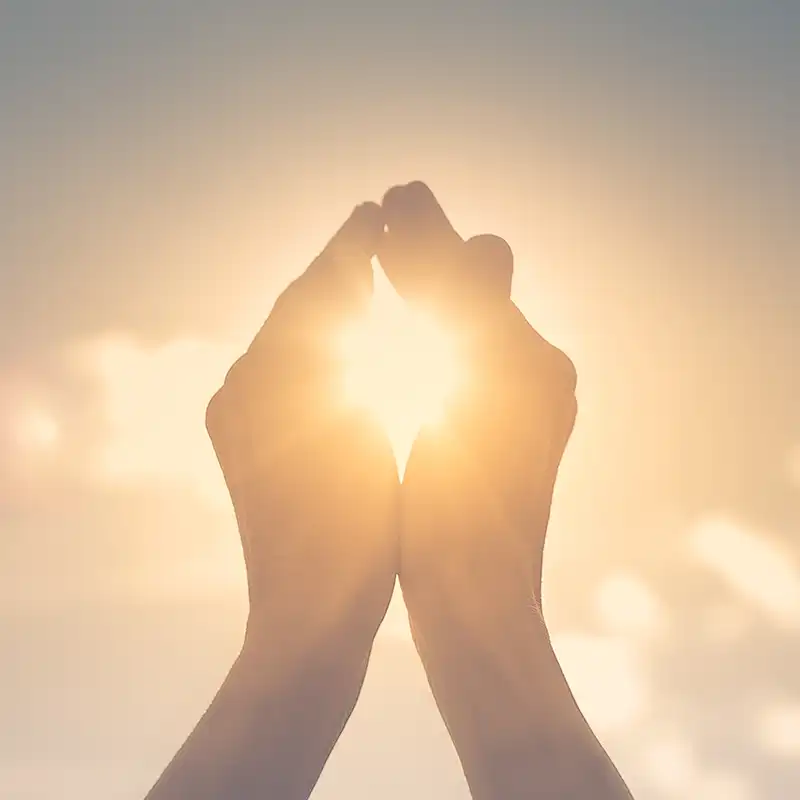 Die Hände einer Frau, die die Sonne im Morgengrauen halten. Konzept von Freiheit und Spiritualität